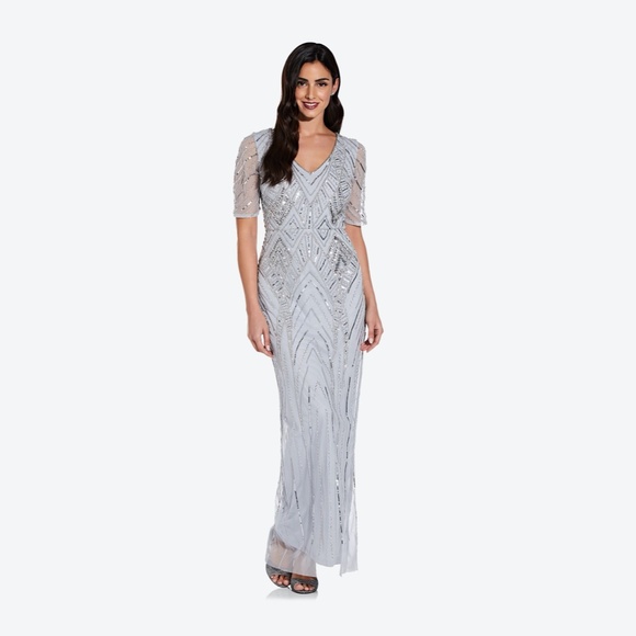 NWT $349 Adrianna Papell V-neck Beaded Gown in‎ Glacier [SZ 0 ] - Picture 4 of 15